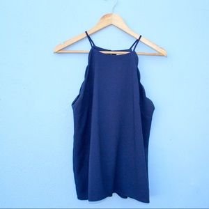 High neck, sleeveless, navy blue top